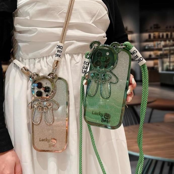 

Glitter Bear Flip Lens Stand Protection Case for iPhone 15 14 13 12 11 Pro Xs Max XR X 7 8 Plus Crossbody Lanyard Plating Cover PS