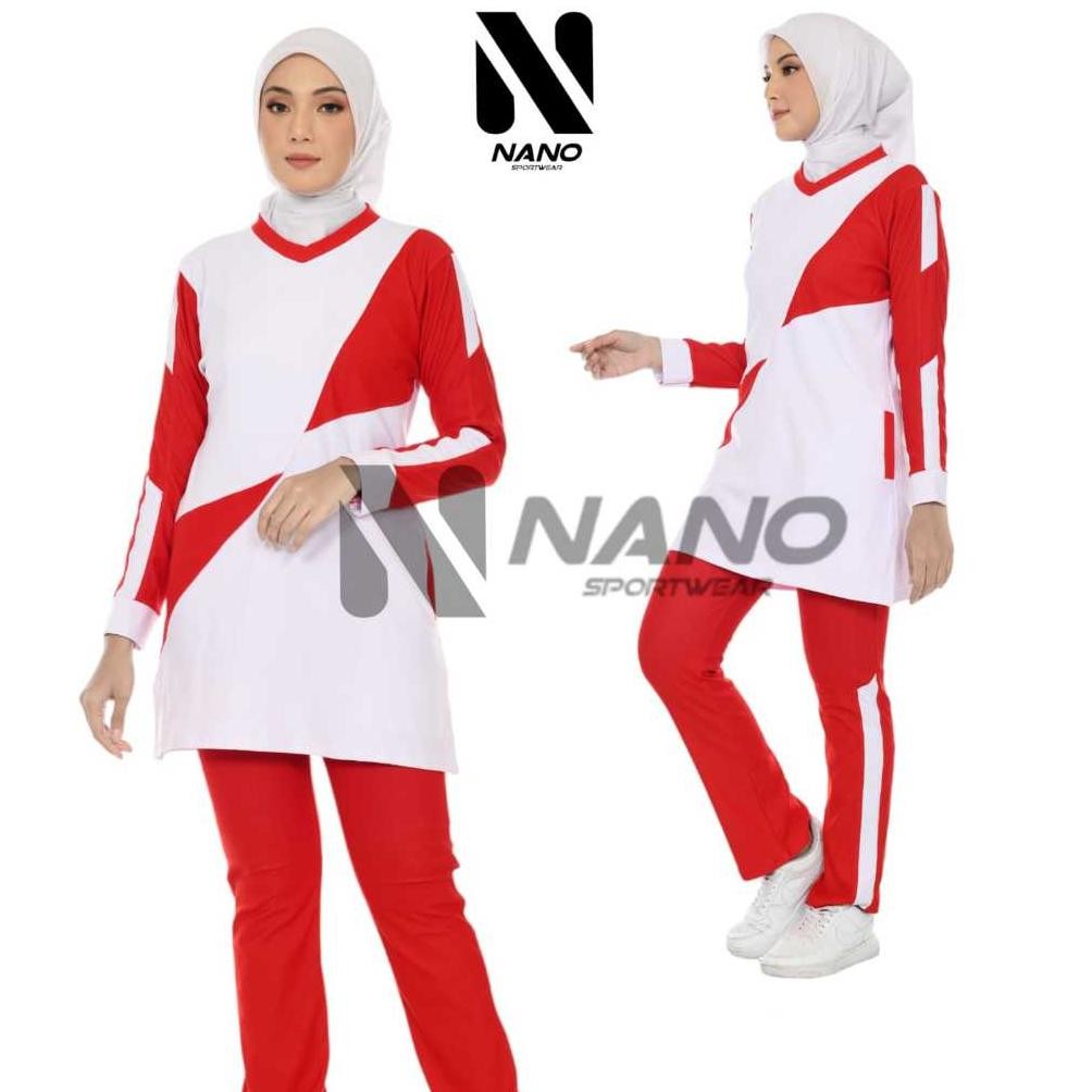 Oz67 2Er-54 Nano Sportswear Baju Senam Merah Putih / Baju Olahraga Merah Putih/Setelan Baju Olahraga