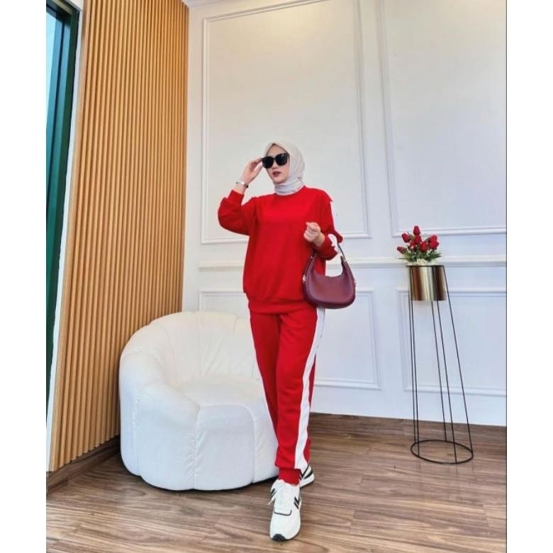 ZAI-2530 hj-64 NIRA SETELAN MERAH / SETELAN JOGGER / BAJU SETELAN WANITA / ONE SET CELANA / SETELAN 