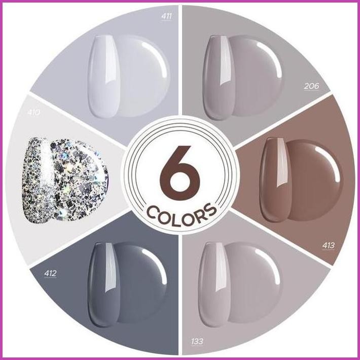 MEFA GEL NAIL POLISH SET - 6 WARNA PUTIH ABU-ABU COKLAT PUTIH DENGAN STIKER CAT KUKU GEL GLITTER PER