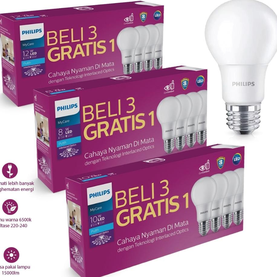 Beli 3 Gratis 1Lampu Led Philip Paket12W 14.5 Watt Multipa Lampu Led Rumah Led Bulb 6K Putih