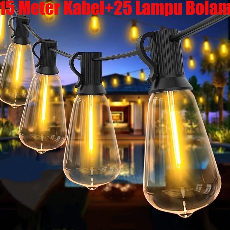Kuning Lampu 15 Meter  Kabel 25 Lampu Led Gantung Outdoor Tahan Air Lampu Komplit Lampu Hias Cafe