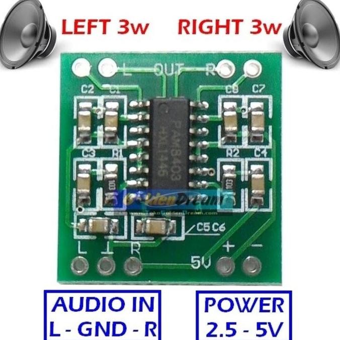 POWER MINI AMPLI AMPLIFIER SUARA MUSIK MUZIK BOK BOX 3W 3WATT 3 WATT W 2.5V 3V 5V STEREO BUAT KIT MO