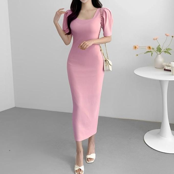 Df265>> Dress Rajut Casual Bodycon Long Dress Square Neck Lengan Pendek #4402
