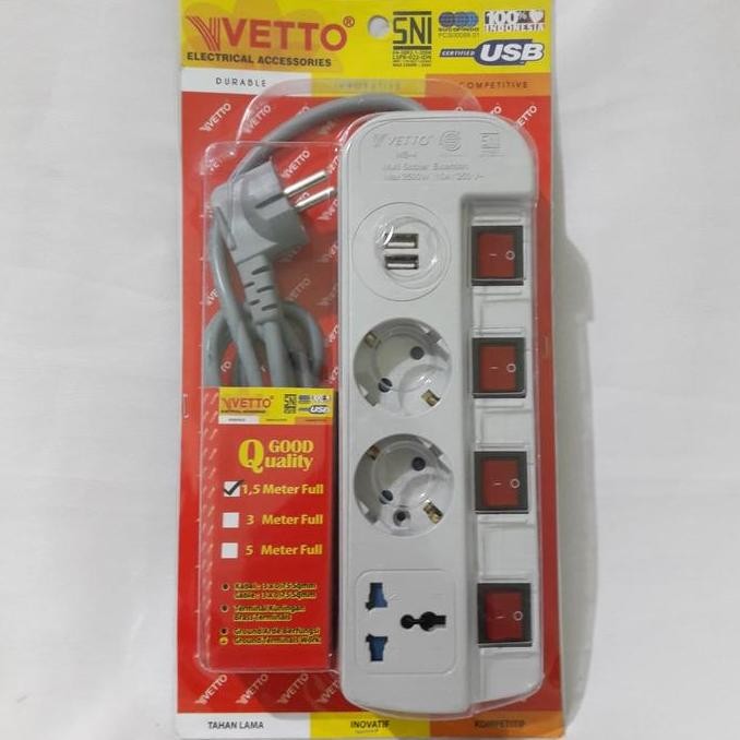 Stop Kontak 2 Lubang+2 USB+4 Saklar+1 Colokan kaki 3+Kabel 1,5m VETTO
