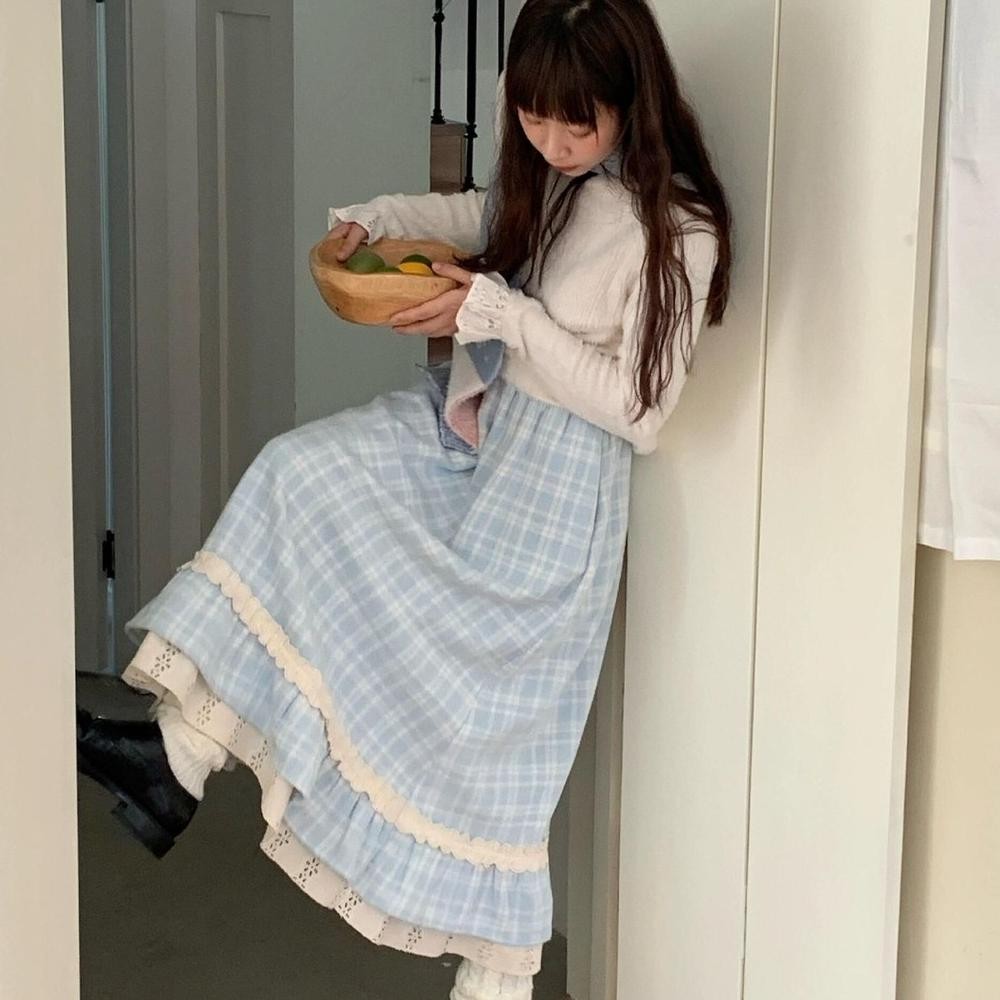 Diskon [Crunchy Brulee]Rok Kotak-Kotak Wol Biru Retro Perancis Untuk Wanita, Rok A-Line Panjang Mene