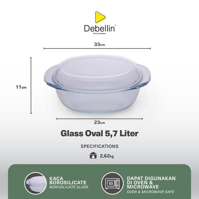 Debellin Glass Oval Casserole Mangkok Saji Kaca Borosilicate 5,7 Liter