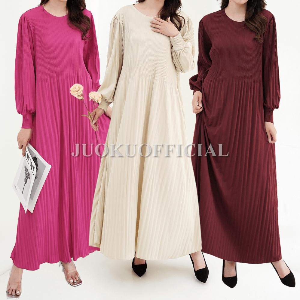 Promo Maxi Dress Plisket Lidi Cabang Lengan Balon / Dress Lengan Panjang / Dress Panjang / Gaun Plis