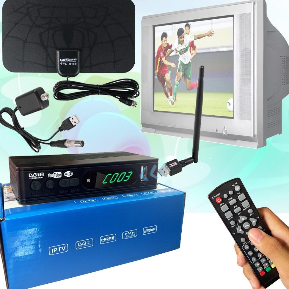 ''Terlaris" Paket Set Top Box Super Hd Dvb T2 + Antena Tv Tfl D139 + Booster Signal D1 Amplifier Stb