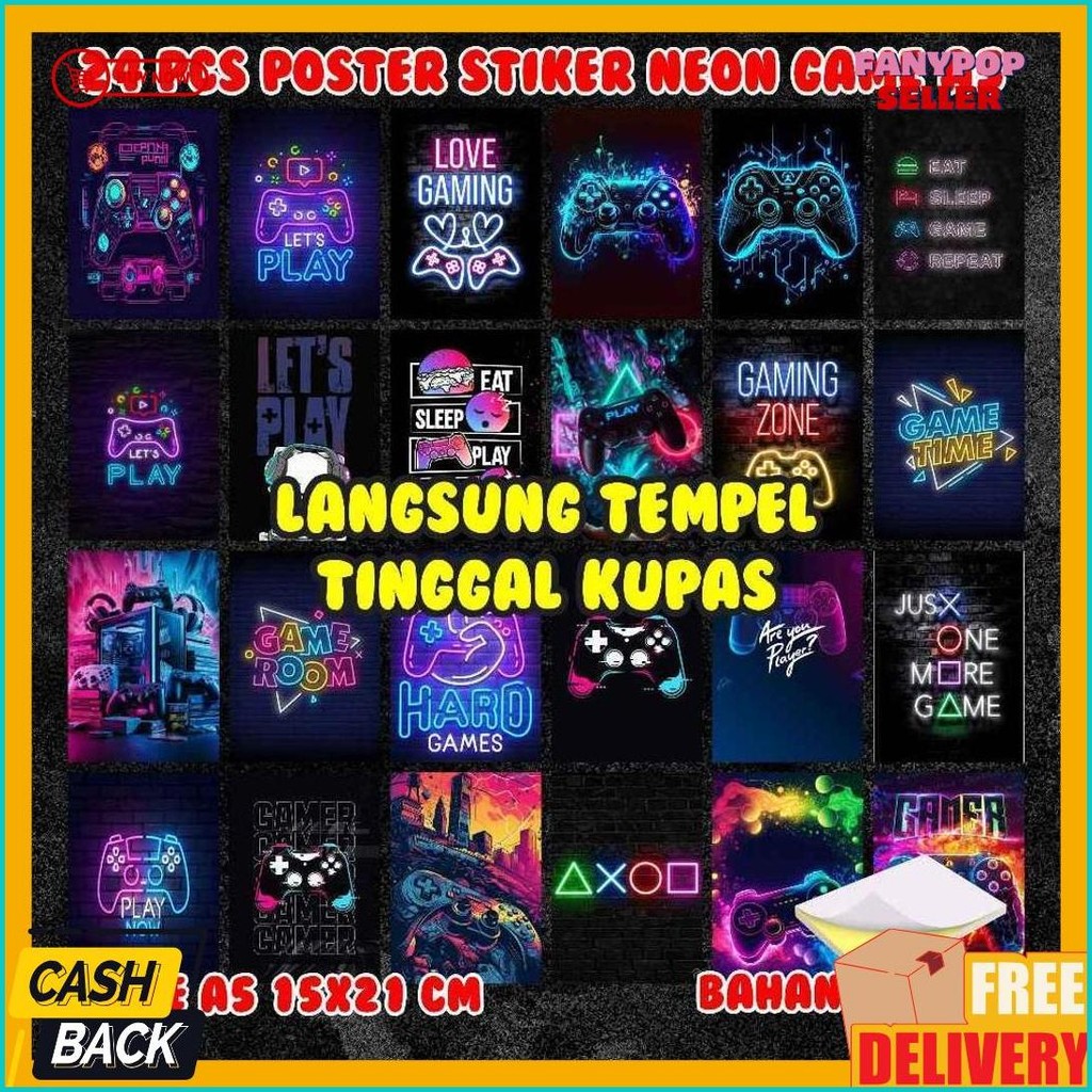 

50% Off [24Pcs] Poster Stiker Neon Game A5 15X21 Cm