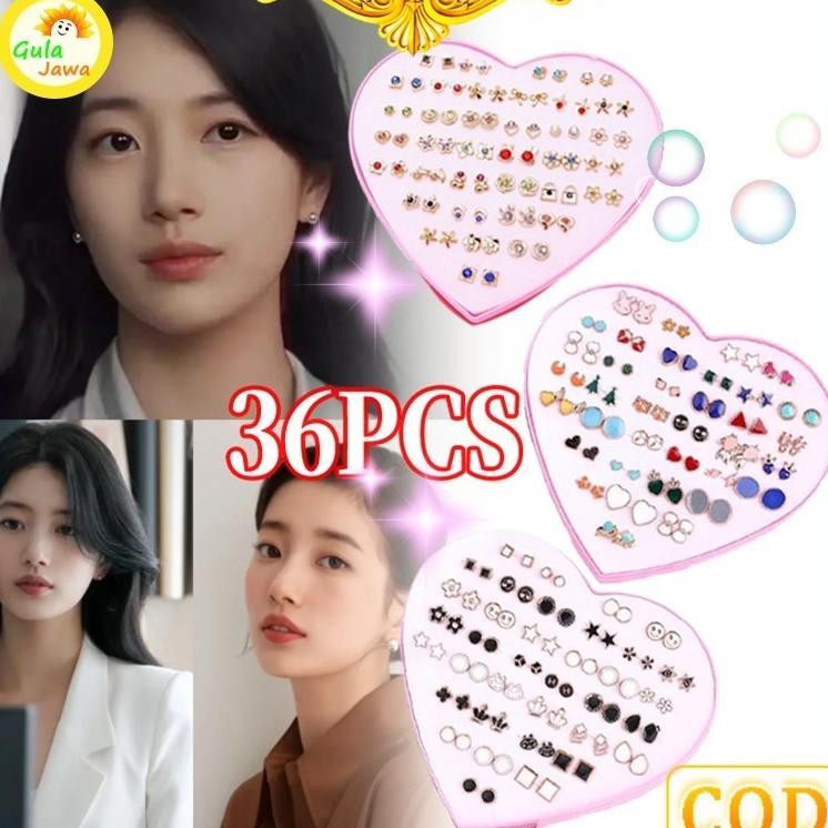 Anting Isi 36 Pasang 1 Kotak Tusuk Bentuk Hati Bergaya Warna Untuk Wanita