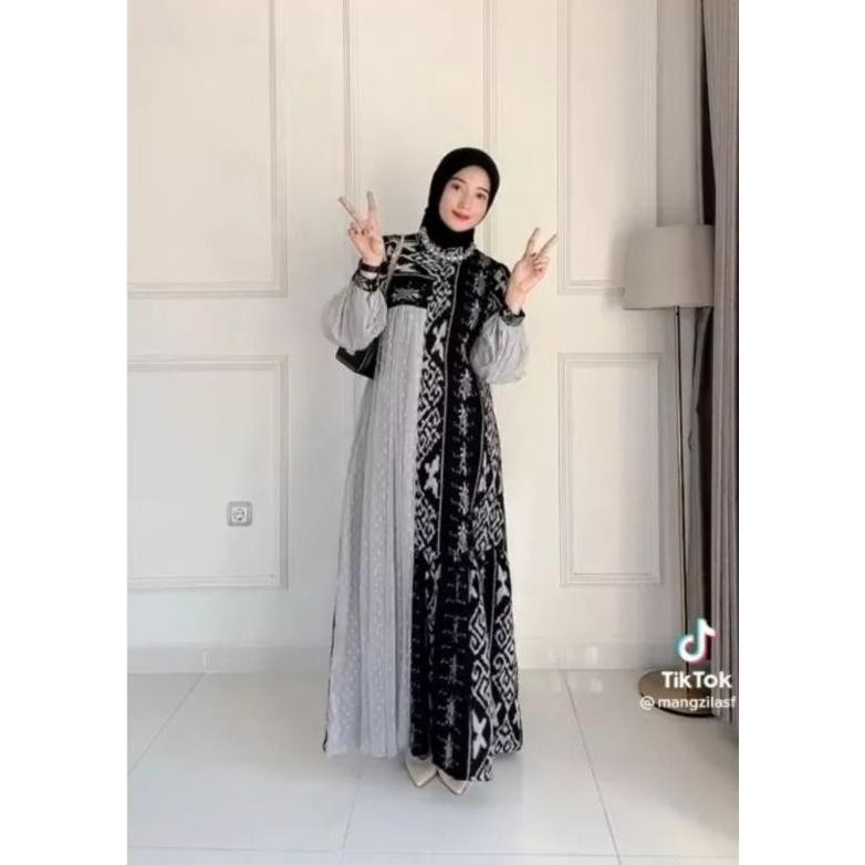 Bisa Cod (Ready Stock ) Gamis Raya Abu Silver Dress Tenun Couple Full Tenun - Baju Tenun Couple - An
