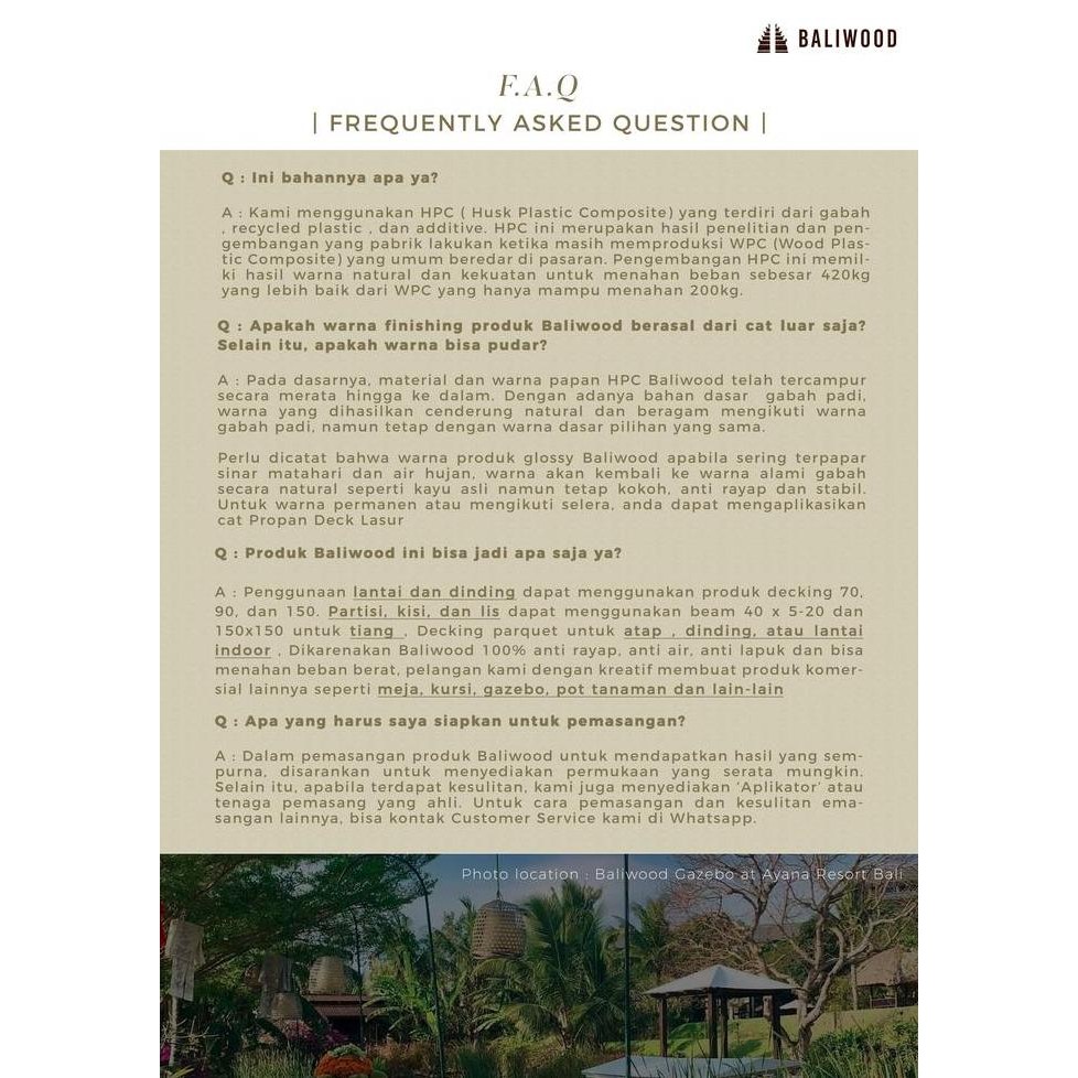 baliwood wpc grade terbaik, diatas kayu jati ulin vinyl pvc parquet