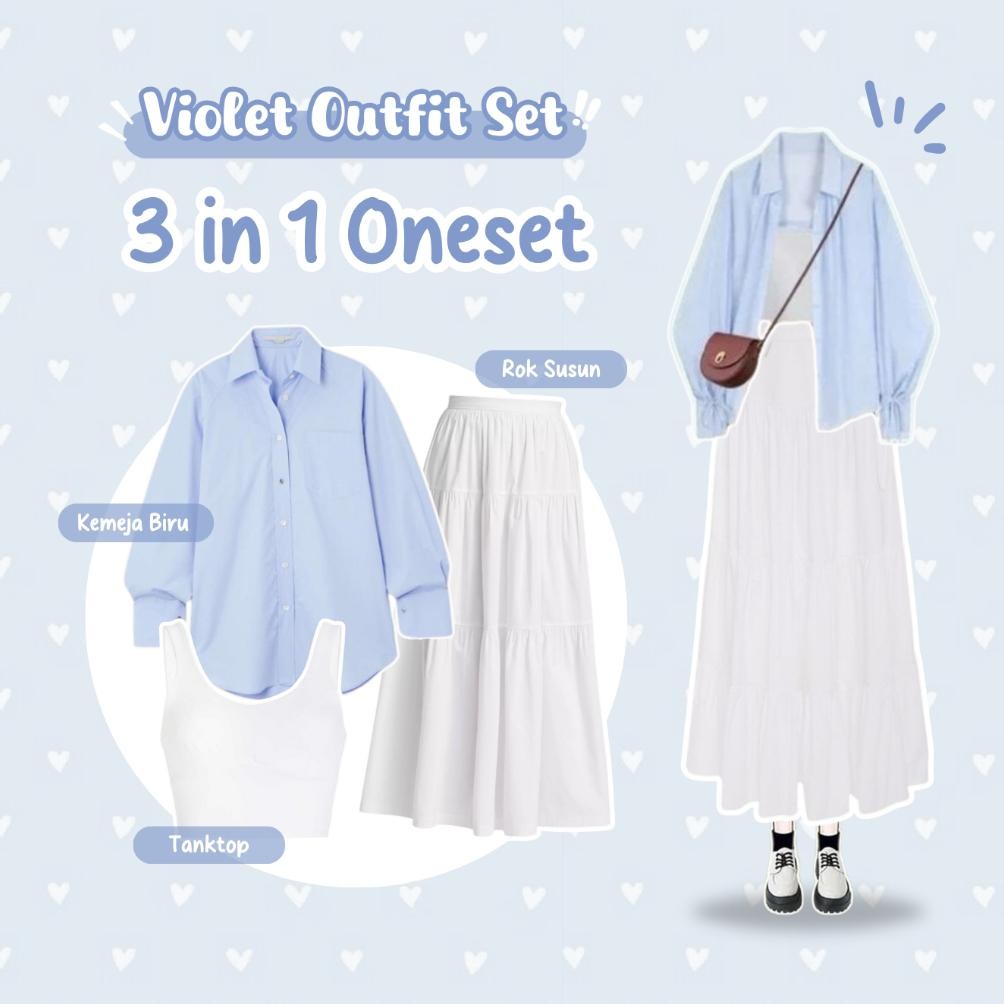 100% Ori Baju Setelan Wanita ( Kemeja Oversize , Tanktop , Rok Susun ) One Set Kekinian Remaja - As 