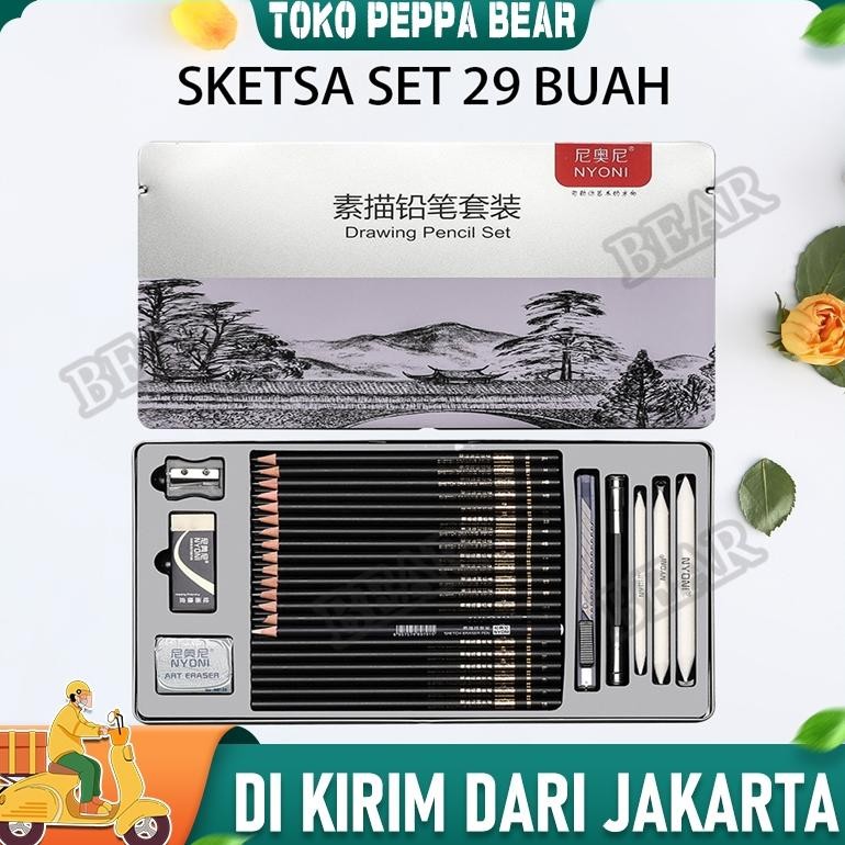

Nyoni sketsa pensil matte sketsa pemula pensil arang kotak pena karet pena kertas spons pena bola set pisau
