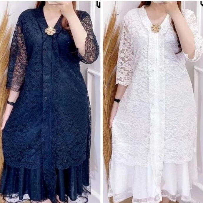 Jumbo Dress Pesta Wanita Brokat Kartini Busui+Bros Hitam Putih Ld 120