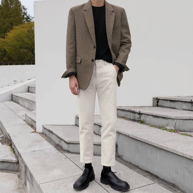 Jaket Jas Pria Gaya Korea Santai Tebal Wol Herringbone Blazer Kecil