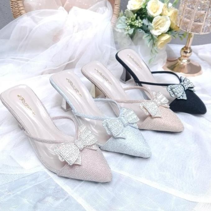Purple Shoes - Lizzy Sandal Slop Wanita Pesta High Heels Hak Lancip 7 cm Silver Salem Hitam Gold den