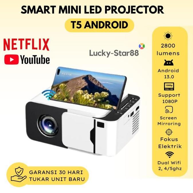 Proyektor Mini LED T5 Android 13.0 Wifi 2800 Lumens | Proyektor Mini Android | Proyektor Mini Blueto