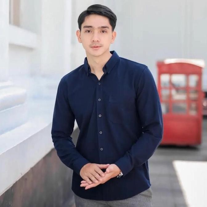 ALJOSA Kemeja Pria Polos Navy Biru Dongker Lengan Panjang Kerja kantor Slimfit Baju Cowok Hem Distro