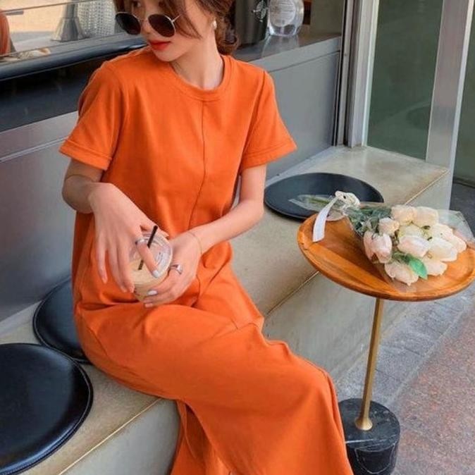 D32-26 Midi Dres Polos Lengan Pendek Backless Wanita Belahan Samping Kanan Kiri Casual Dress TP