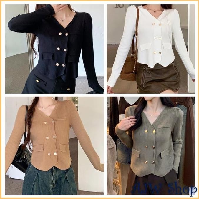 AJW [RCA] Atasan Rajut Wanita Tweed Blazer Button Gold Variasi Kantong Knit Premium | Tweed Blazer V