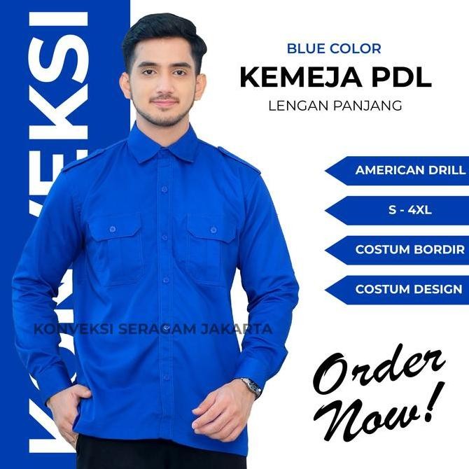 PDL Baju Kemeja Seragam Kerja Pakaian Dinas Lapangan Biru Bisa Bordir