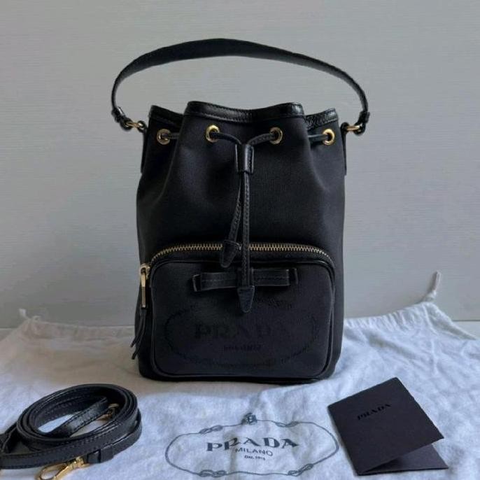 ready stock Ready Prada Drawstring Bucket Bag In Nero Black Jacquard