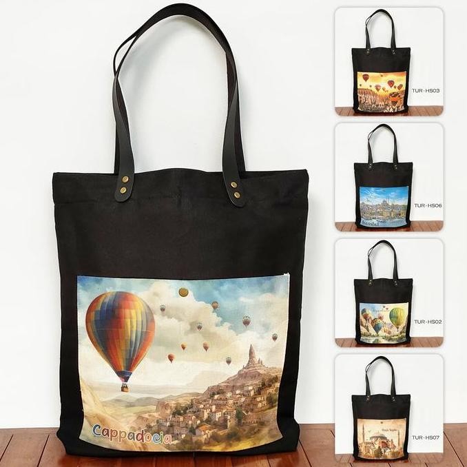 ready stock Tote Bag Canvas Hitam Saku oleh oleh Turki Tas Souvenir Turki