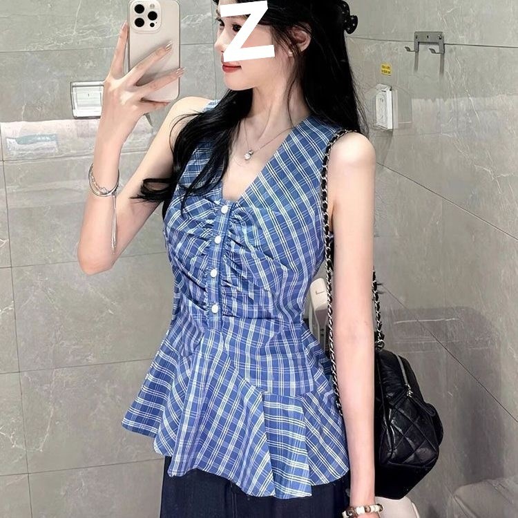 Dainty VogueAtasan Rompi Tanpa Lengan V-Neck Kotak-Kotak Biru Untuk Wanita Kemeja Ramping Mode Musim