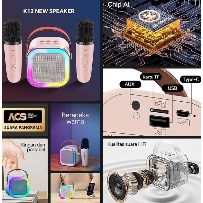 DF192 }} Speaker K12 Speaker Bluetooth Plus 2 Mikrofon Karaoke 1 SET Mesin KTV Mini Rumah KTV Blueto