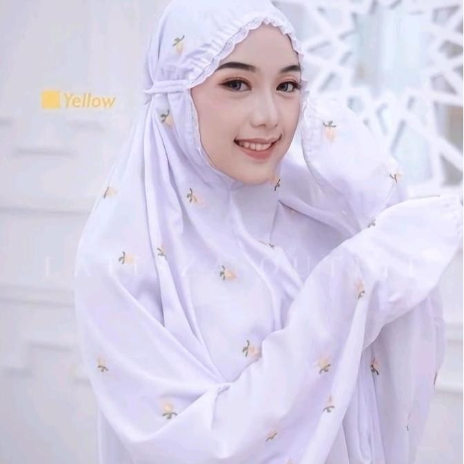 (Good) MUKENA TERUSAN PANJANG PUTIH MODEL DAHI KERUT DG BORDIR MOTIF SERIBU BUNGA KUNCUP | MUKENAH D