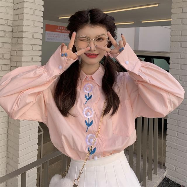 Kemeja Pink Wanita Berkualitas Tinggi Kemeja Kerah Boneka Atasan Unik