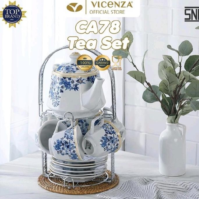 Vicenza Ca~78 Flower Series Tea Cup Set 15 Pcs Paket Teko & Cangkir Keramik + Rak Stainless
