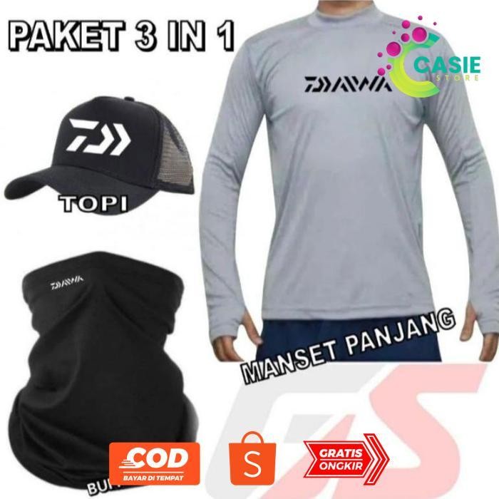 uj-53 gf-5 Paket hemat 3 in 1 Lengkap Topi Mancing, Buff Masker Mancing Dan Jersey Daiwa super murah