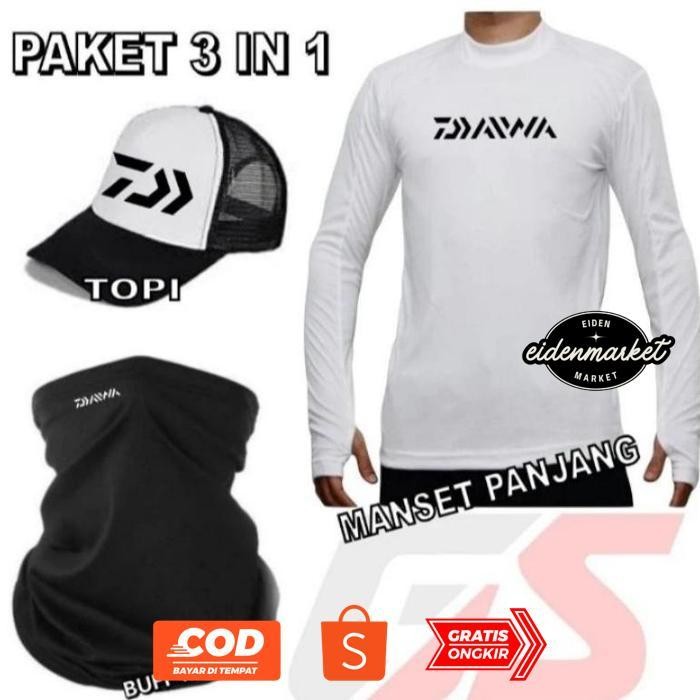 ul-64 gf-5 Paket hemat 3 in 1 Lengkap Topi Mancing, Buff Masker Mancing Dan Jersey Daiwa super murah
