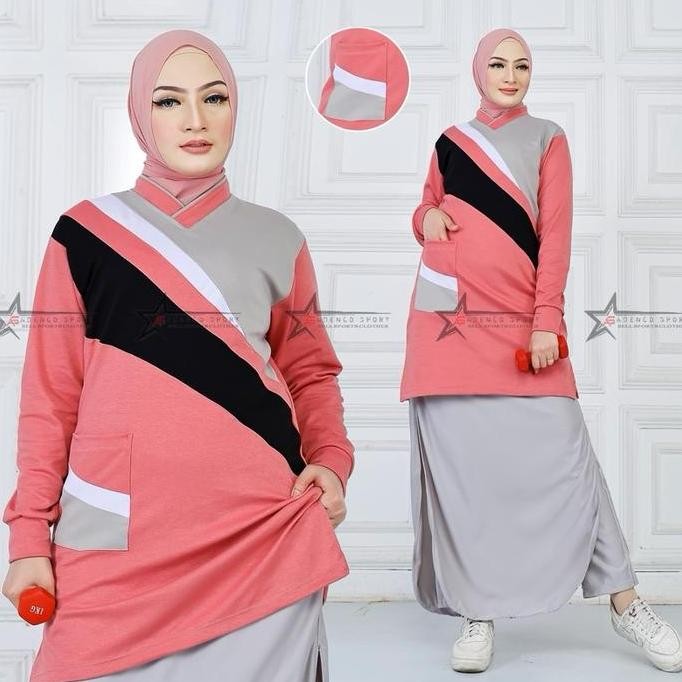Kaos Olahraga Senam Tunik Muslimah Set Rok Celana (ROCELA) / Setelan Baju Olahraga Wanita Sport Panj