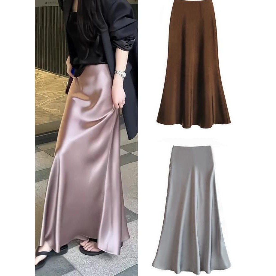 Korean Satin Skirt / Maxi Satin High Waist Skirt / Rok Panjang Satin /Rok Satin Silk Skirt Wanita Ca