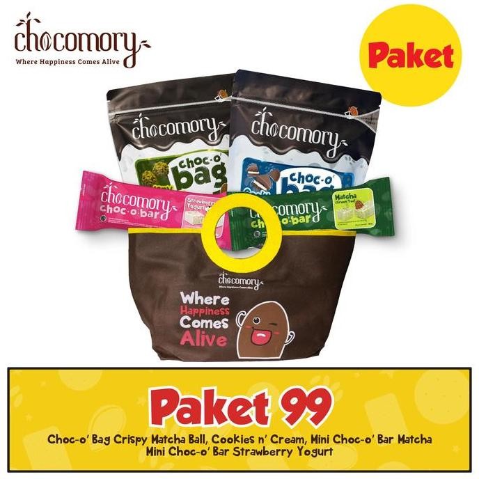 Promo Paket 99 Chocomory berisi Chocobag Crispy Matcha Ball, Chocobag Cookies n Cream, Mini Chocobar