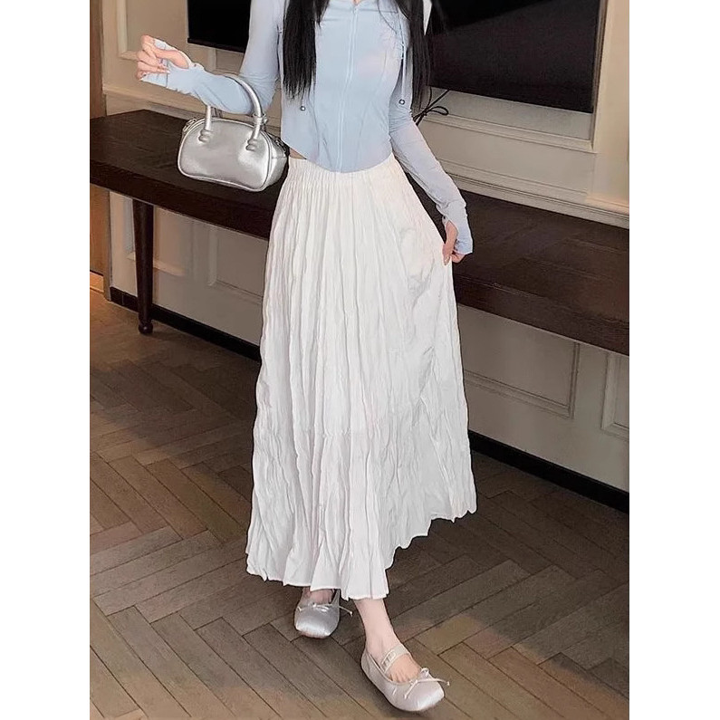Rok Midi Berlipit Tekstur Wanita yang Serbaguna dan Menggantung Rok Dasar
