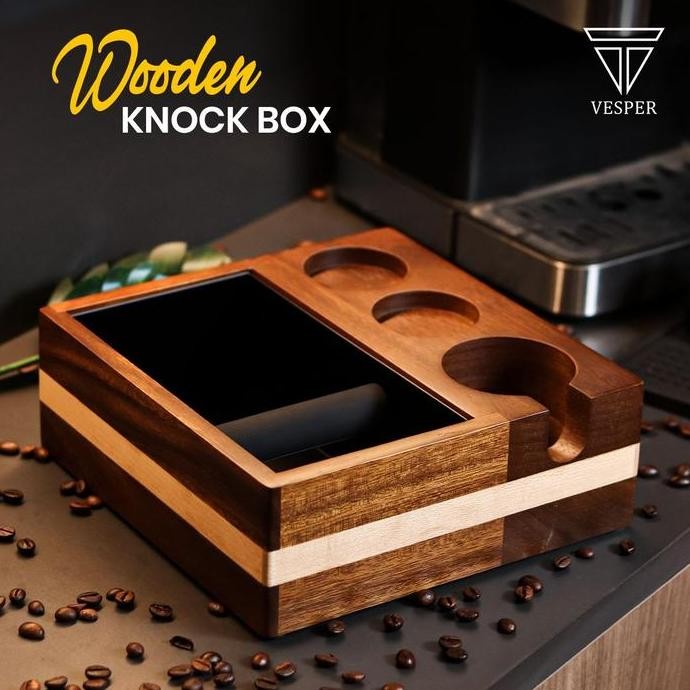 wooden acacia knock box storage coffee grounds set 4in1 / box kayu tempat alat kopi tamper distribut