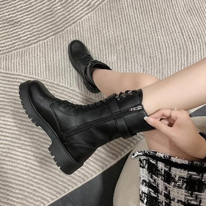 PINKEY P237 Sepatu Boots Wanita Sepatu Martin Tinggi Sebetis Black Boot Fashion Shoes