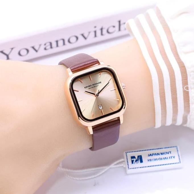 Jam Tangan Wanita Seven Minute Fashion Segi Empat LS-456 Tali Kulit Tanggal Aktif Free Box + Kartu G