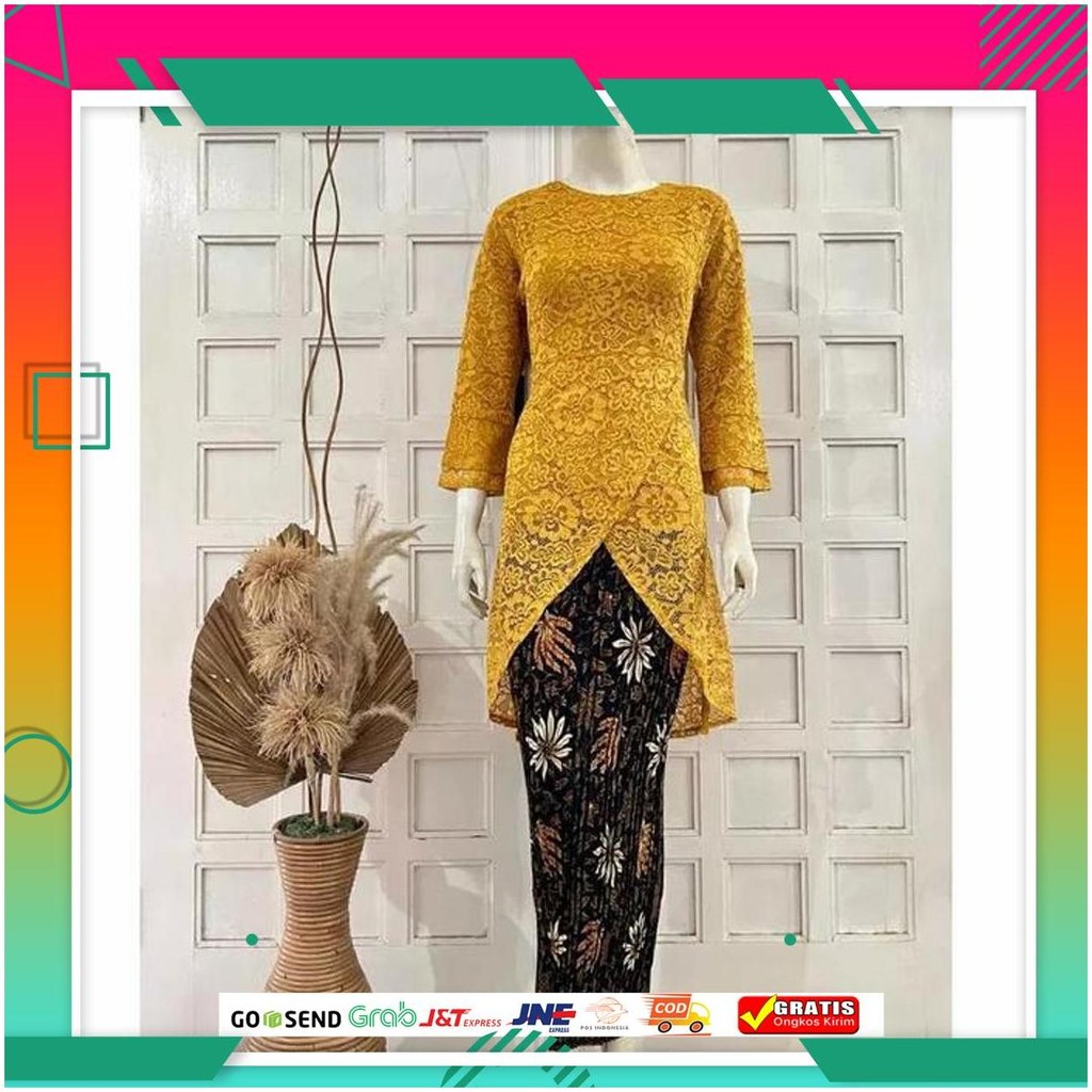 Setelan Kebaya Alea Tunik Silang Brokat Furing +Rok Size M-5L Ld 130
