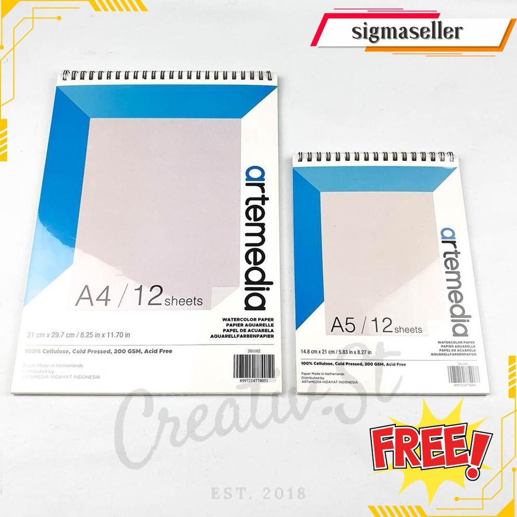 Artemedia Watercolor Book A5 A4 Wirebound Sketchbook 200 Gsm 12 Sheets Original Produk