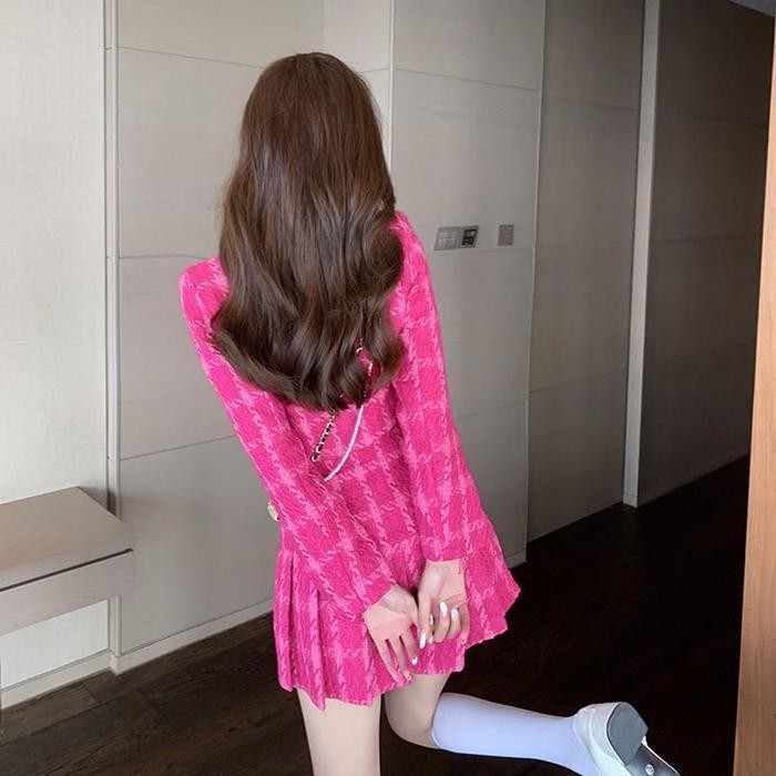 Hana Pink Setelan Tweed Wanita + Rok Mini / Blazer Crop + Skirt Korea
