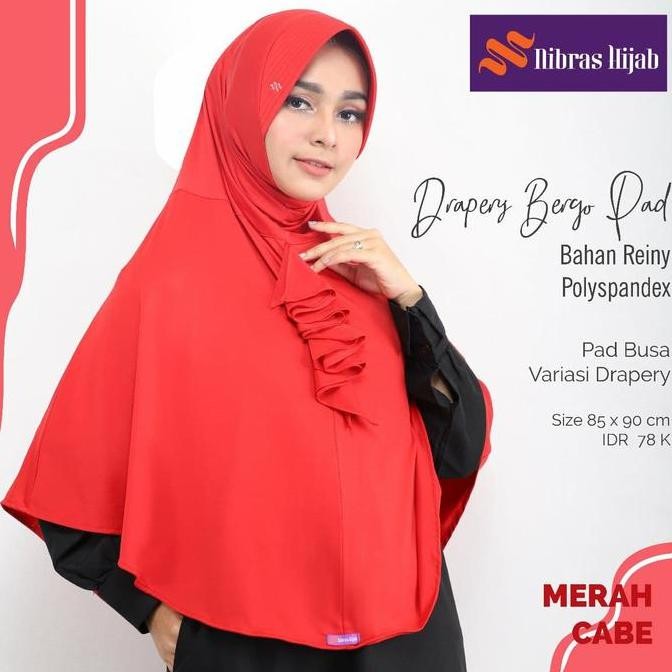 Promo Nibras Hijab Drapery Bergo Pad Warna Merah Cabe Bahan Polyspandex COD
