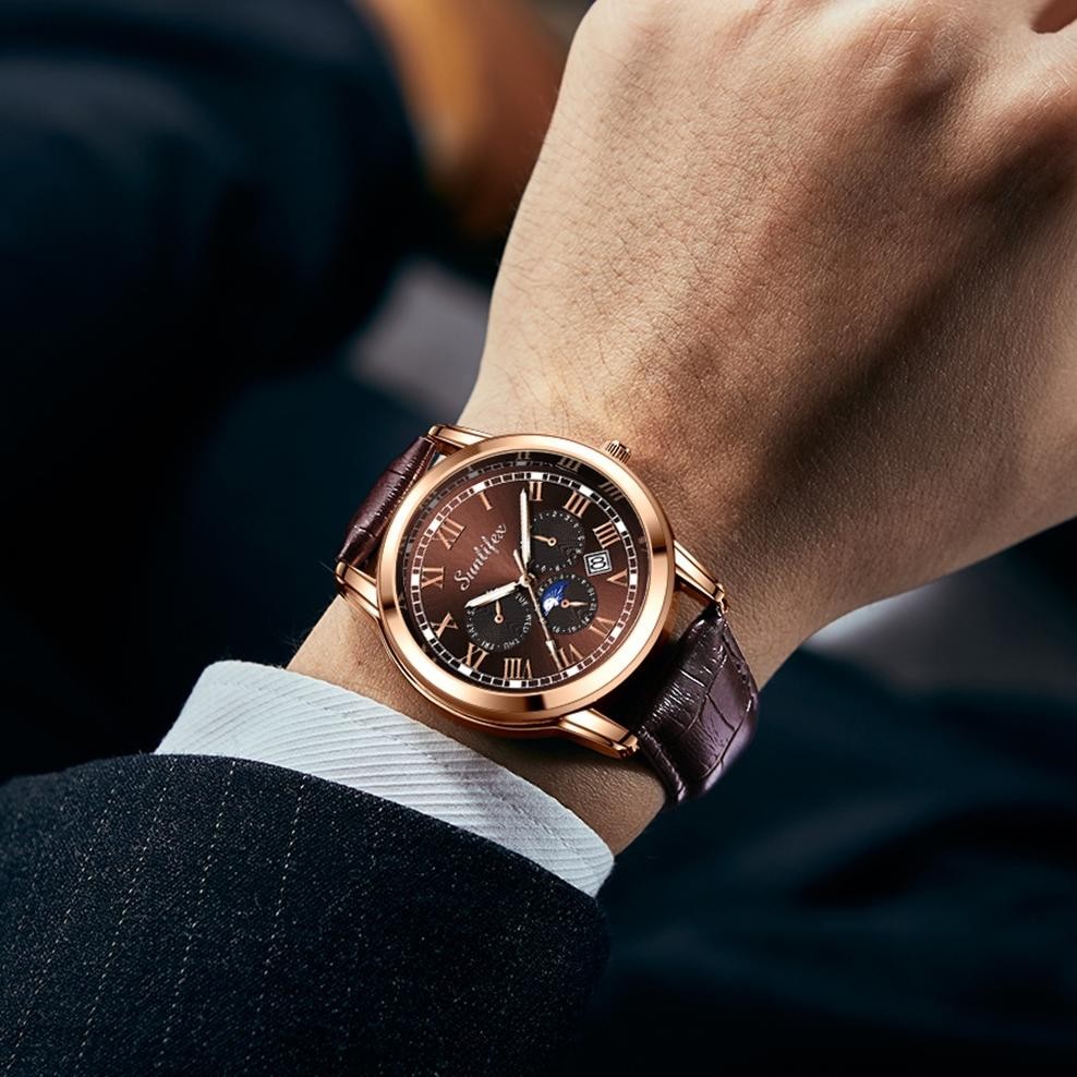 Trendy Sunlifex Jam Tangan Pria 7003 Kalender Kuarsa Santai Bisnis Tali Kulit Jam Tangan Cowok ~