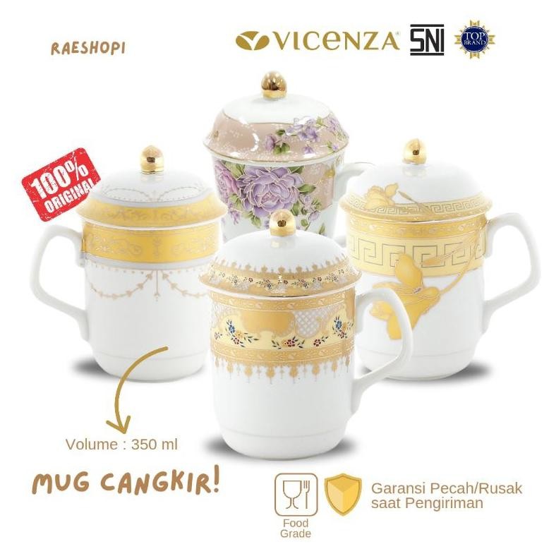 Terlaris Vicenza Mug Cangkir dengan Penutup motif Padi/Lily/Camelia/Magnolia/Ayana/Mawar/Melati/Eter