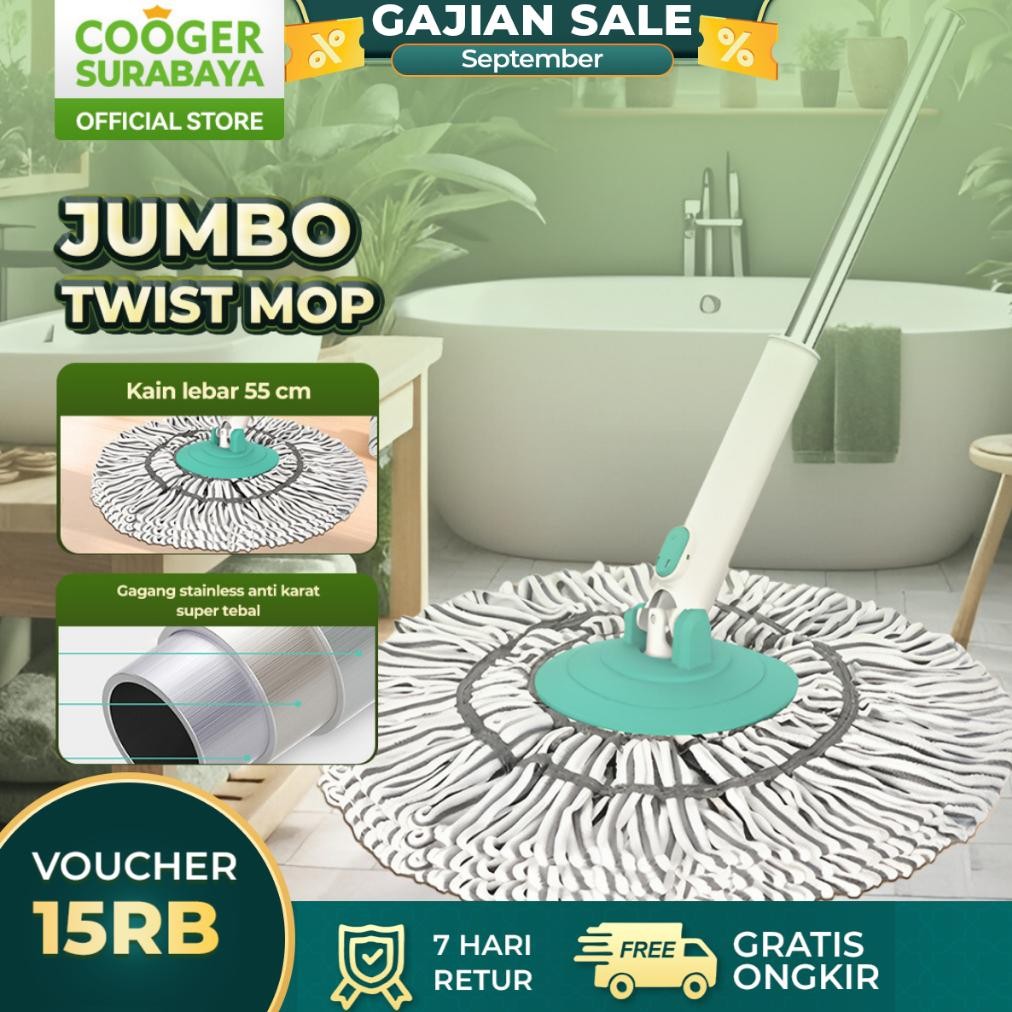 COOGER SURABAYA Alat Pel Jumbo Putar Peras Otomatis Pel Lantai Basah Kering Twist Mop Gagang Anti Ka
